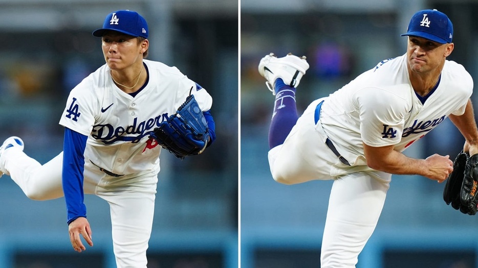 ドジャースの山本由伸（左）とジャック・フラハティ（MLB Advanced Media）