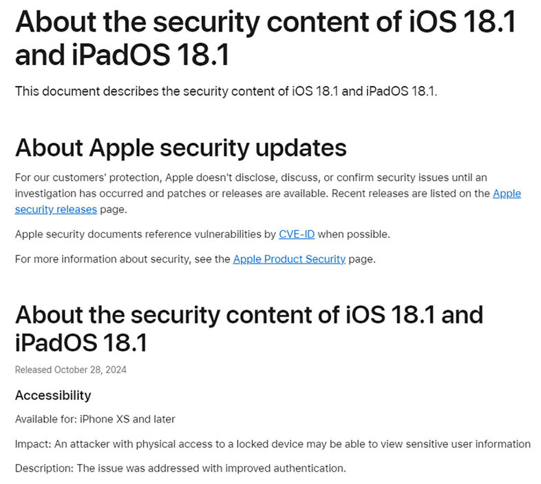 こちらがiOS 18.1のアップデート内容です。今回は27項目のセキュリティアップデートが実施されています（画像はApple公式サイトより引用）