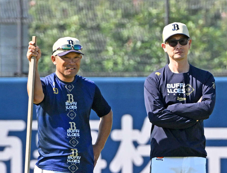 オリックス岸田監督（右）と波留2軍監督（2024年撮影）