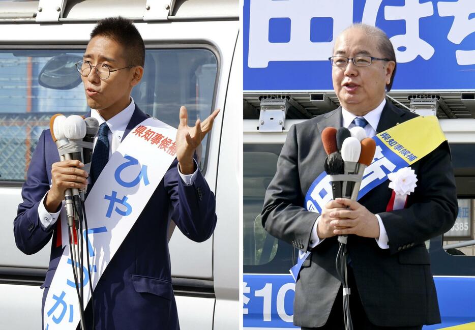 富山県知事選が告示され、出発式で決意を述べる百塚怜氏（左）と、第一声を上げる新田八朗氏＝いずれも10日午前、富山市