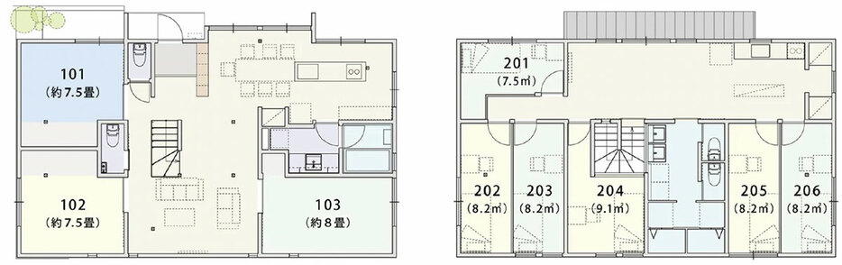 コモンフルールの間取り。1階（左）は7畳以上のゆったりとしたシニア用スペースとキッチン、リビングお風呂場がある。2階（右）の外国人用の部屋は１部屋7.5～9.1平米のコンパクトなつくり。現在は満室、5人以上が内見を待っている人気ぶり（画像提供／西都ハウジング）