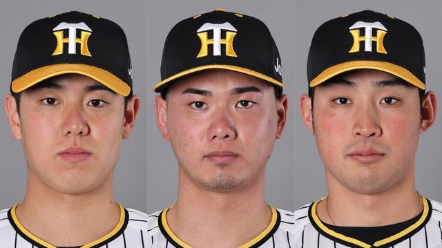 (左から)阪神・石黒佑弥投手、川原陸投手、佐藤蓮投手