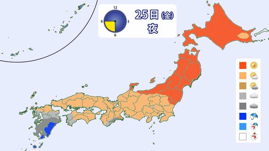 25日(金)夜の天気分布