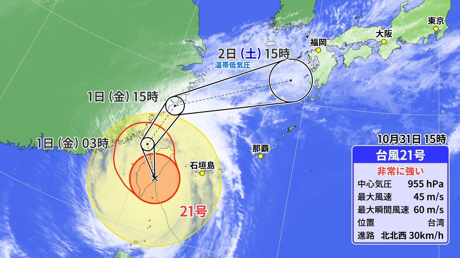 台風21号の予想進路図。