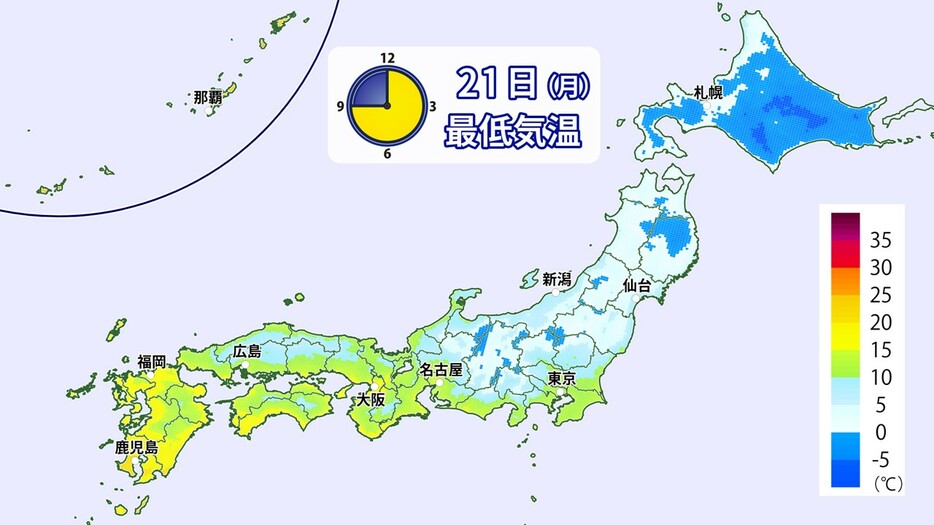 21日(月)の予想最低気温の分布