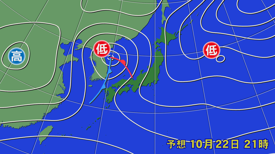 22日(火)午後9時の予想天気図