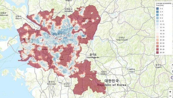 ソウルと近隣地域の生活必須施設へのアクセス時間