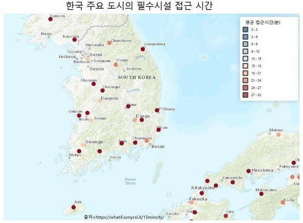 韓国の主要都市の生活必須施設へのアクセス時間