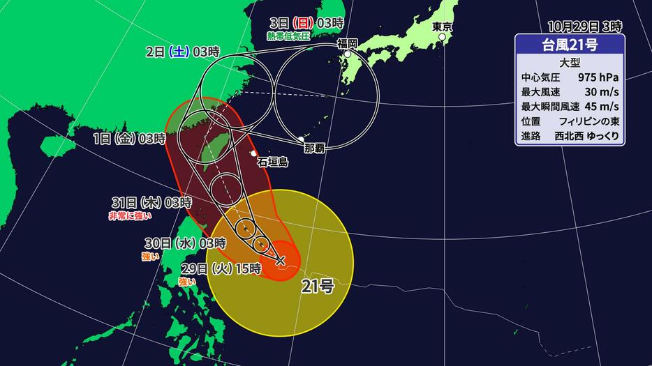 29日(火)午前3時の台風21号の進路予想