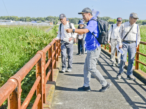 【軽便鉄道の橋脚跡について参加者に説明する深見さん（手前中央）＝津市内で】