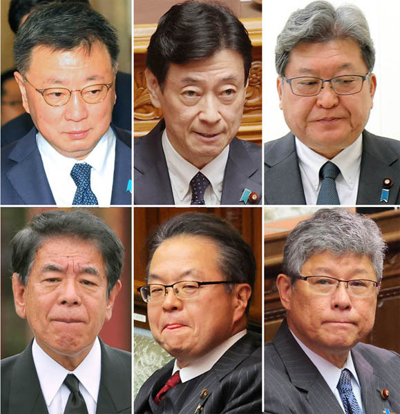 左上から、安倍派5人衆（松野博一前官房長官、西村康稔元経産相、萩生田光一元政調会長、高木毅元国対委員長、世耕弘成前参院幹事長）と下村博文元文科相（Ｃ）日刊ゲンダイ