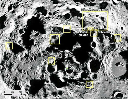 ＮＡＳＡが選定した月南極域の着陸候補地点（四角で囲んだエリア）＝ＮＡＳＡ提供