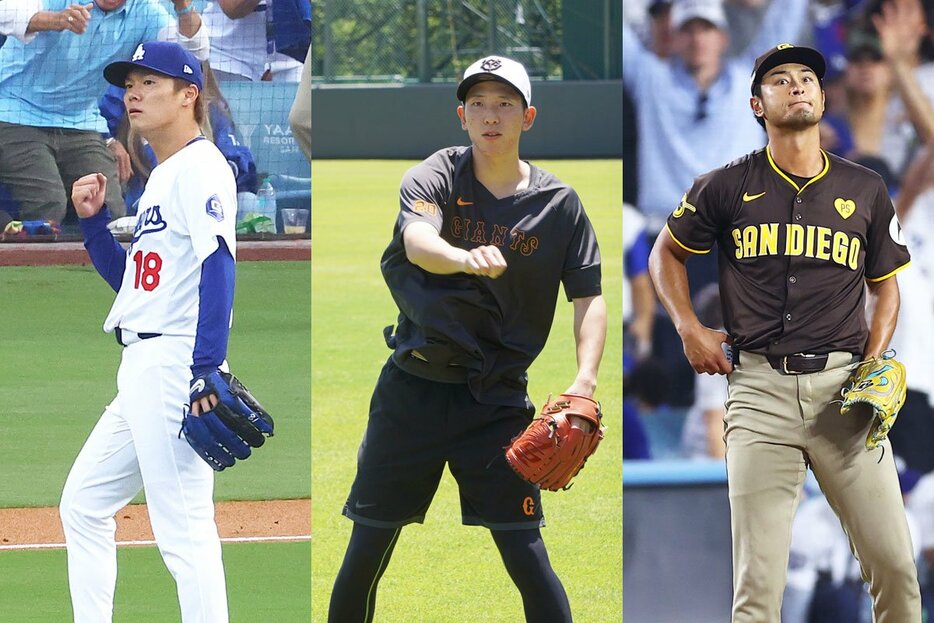 昨年のWBCをともに戦った(左から)ドジャース・山本、巨人・戸郷、パドレス・ダルビッシュ