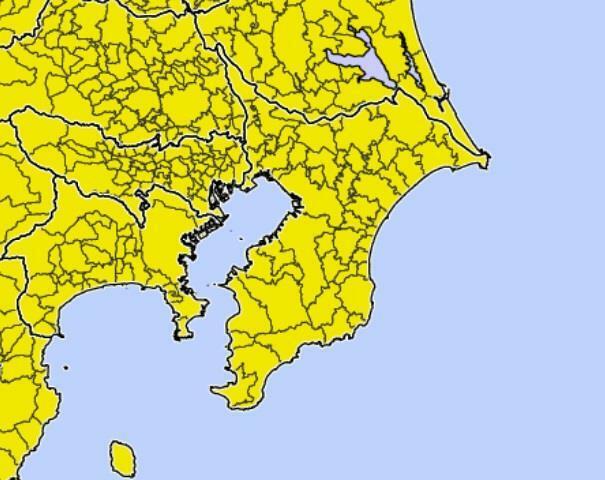 黄色の部分が注意報の発令地域（気象庁ホームページより）