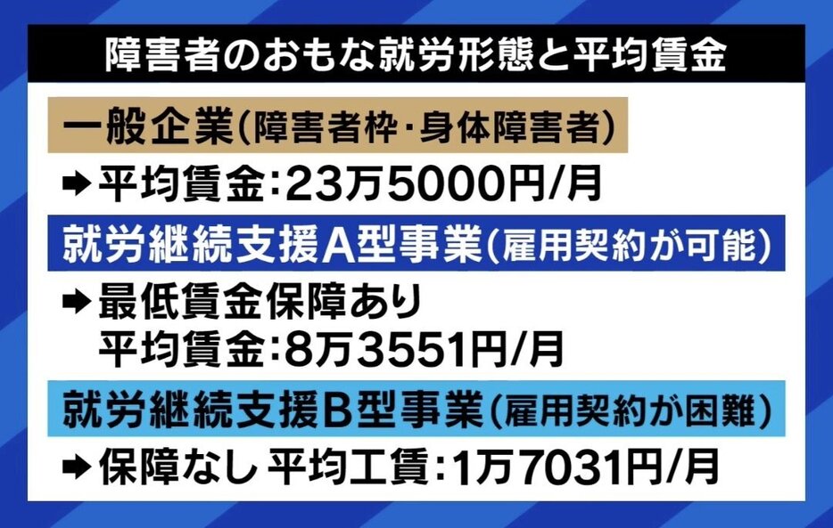 障害者の主な就労形態と平均賃金