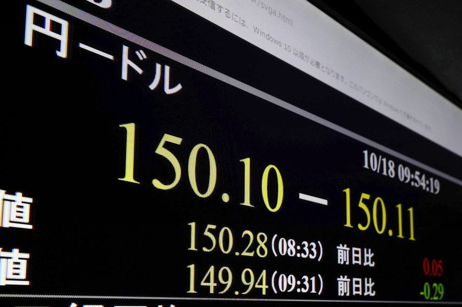 一時1ドル＝150円台前半まで下落した円相場を示すモニター＝18日午前、東京・東新橋