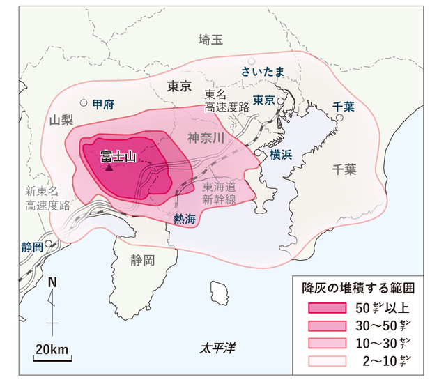 降灰の可能性マップ。降灰中に雨によって起こるタイプの泥流は、降灰範囲すべてで起こりうる