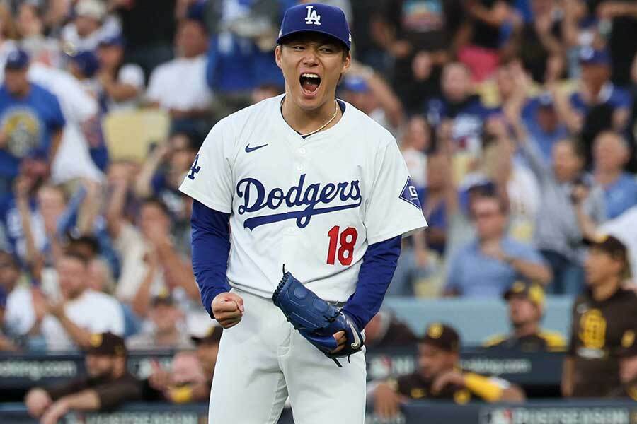 地区シリーズ第5戦のパドレス戦に先発したドジャースの山本由伸【写真：Getty Images】