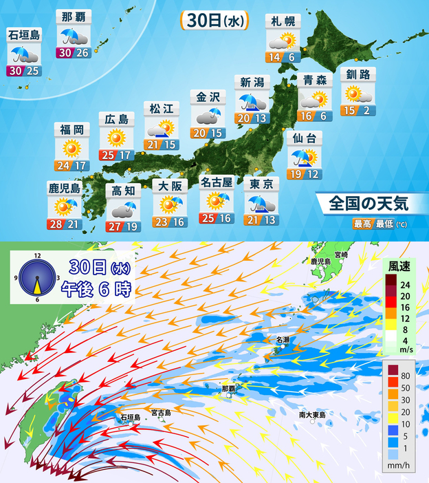 30日(水)の天気・気温と午後6時の雨・風の予想