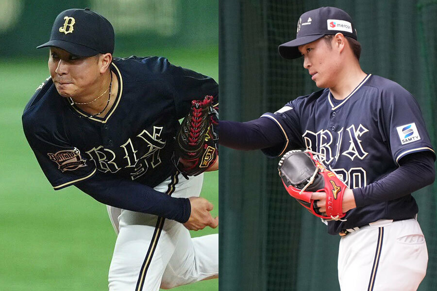 オリックス・古田島成龍（左）と阿部翔太【写真：小林靖】