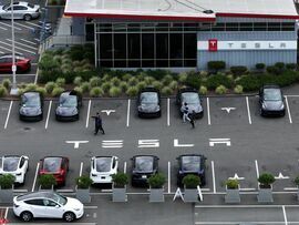 Tesla cars at the Tesla Fremont Factory. Photographer: Justin Sullivan/Getty Images