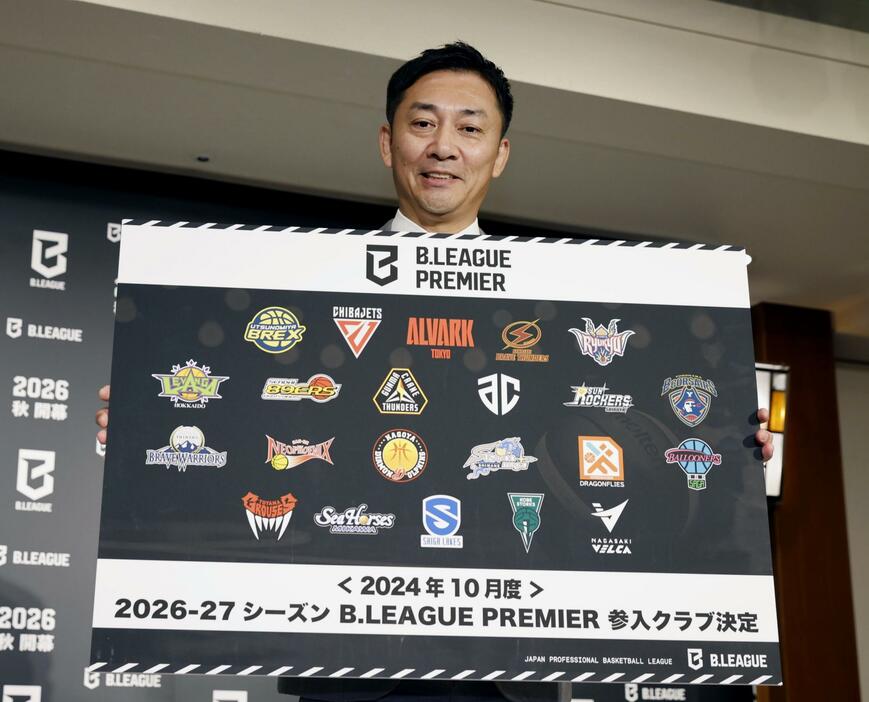 バスケットボールの「Bリーグ・プレミア」の参入クラブを発表する島田慎二チェアマン＝17日午後、東京都内のホテル