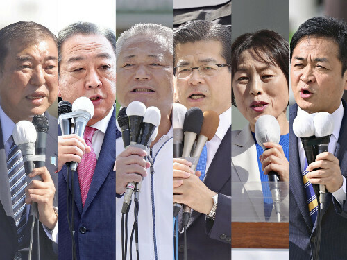 （左から）石破首相、立憲民主党の野田代表、日本維新の会の馬場代表、公明党の石井代表、共産党の田村委員長、国民民主党の玉木代表（いずれも１５日）