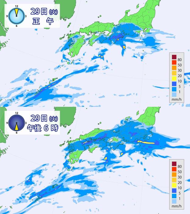 29日(火)正午の午後6時の雨の予想