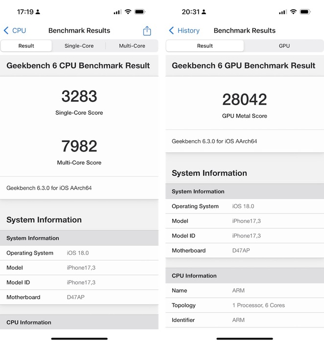 ▲「Geekbench 6」アプリで測定したiPhone 16のスコア。CPU、GPUともにiPhone 15 Proよりも高いスコアをマークした