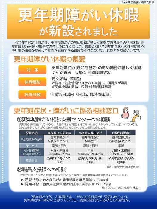 更年期障害の特別休暇が新設されたことを案内する鳥取県庁のチラシ