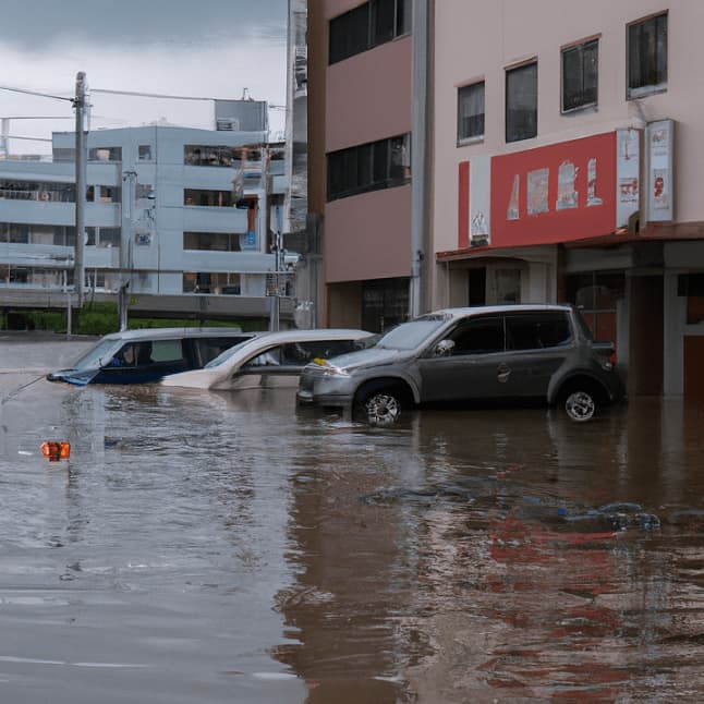 スペクティが試験的につくったフェイク画像。看板の文字や水に不自然さがある＝スペクティ提供