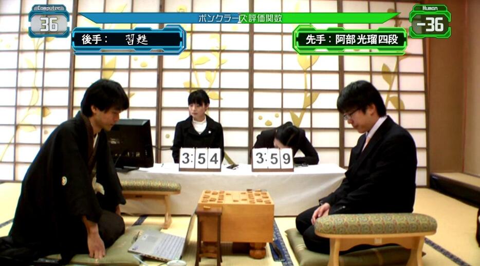 第2回将棋電王戦の開幕戦で表示された評価値とバー　（画像提供：ニコニコ生放送）