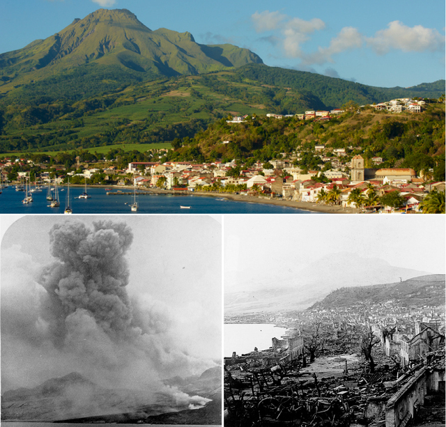 写真上:西インド・マルティニーク島のプレー山と麓のサン・ピエールの現在の姿。サン・ピエールは、1902年の噴火で壊滅するまで、マルティニークの中心地だった　写真下:左は今まさに山を下ろうとする火砕流。右は火砕流により壊滅したサン・ピエールの街　phot……