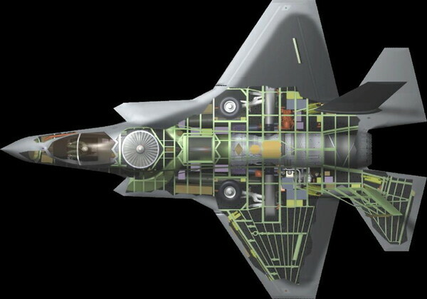 成功したリフトファン方式のVSTOL機F-35Bの透視図。コクピット後ろのリフトファンをエンジンからのシャフトで駆動する（Brigadier General Charles R.Davis, USAF, Public domain, via Wikimedia Commons）。