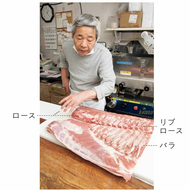 豚1頭の半分で肉の説明をする佐藤さん。豚は岩手や群馬で生産される＂やまと豚＂を使用。