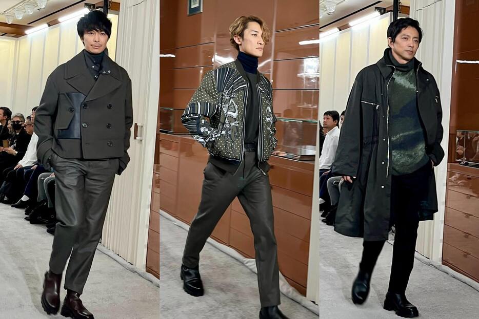 （左から）長谷川博己、Snow Man 岩本照、大沢たかお image by: FASHIONSNAP