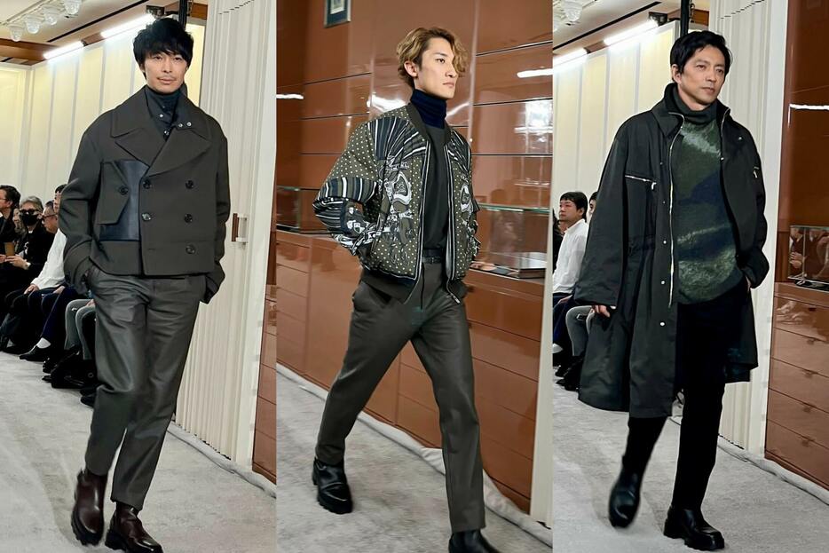 （左から）長谷川博己、Snow Man 岩本照、大沢たかお image by: FASHIONSNAP