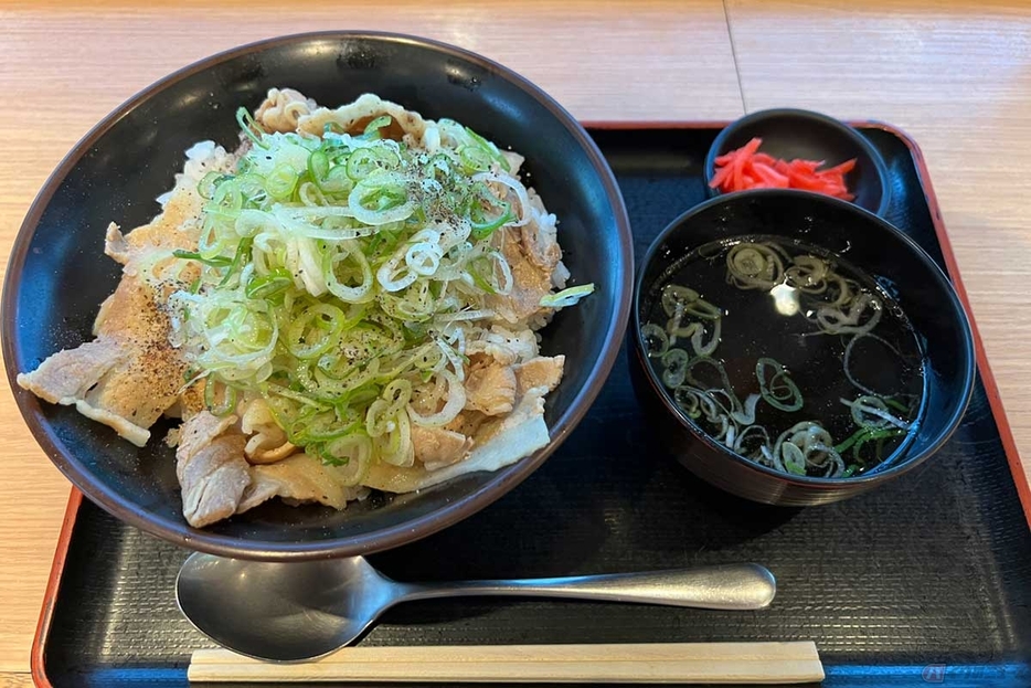 関越道「嵐山PA」（下り）でいただく「嵐山特盛ねぎ塩トンちゃん丼」（1000円）は、さっぱりとした塩味のねぎが大量に盛られ、黒胡椒がたっぷり振りかけられた食欲をそそる丼