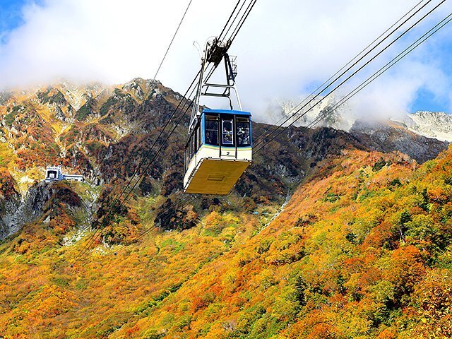 紅葉の上を通る、大観峰－黒部平駅間のロープウエー