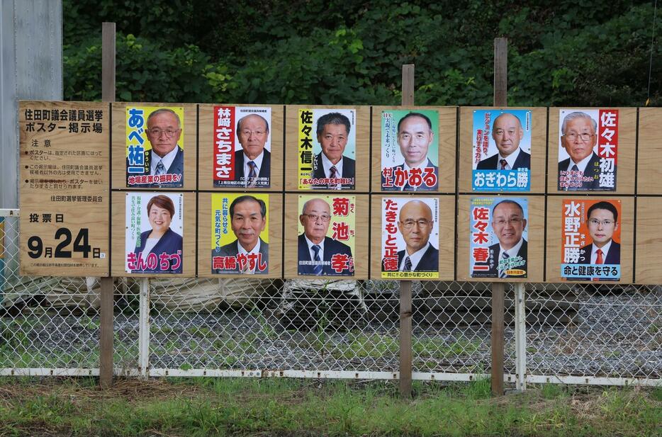 通常の選挙ポスターは候補者の名前や顔写真、スローガンが掲載される＝岩手県住田町で2023年9月25日、奥田伸一撮影