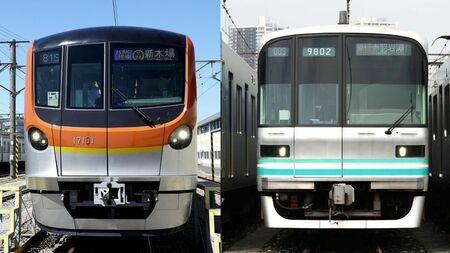 東京メトロ有楽町線（左）と南北線の電車（撮影：尾形文繁）