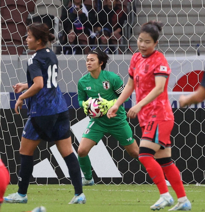 ＜サッカー女子　日本・韓国＞後半、試合に臨む山下（中）（撮影・西海健太郎）