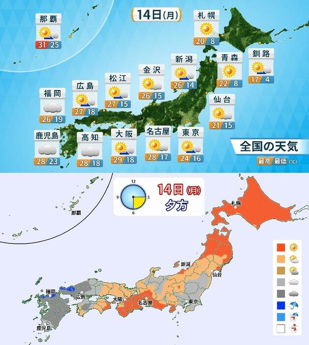 14日(月)の天気と気温、夕方の天気分布