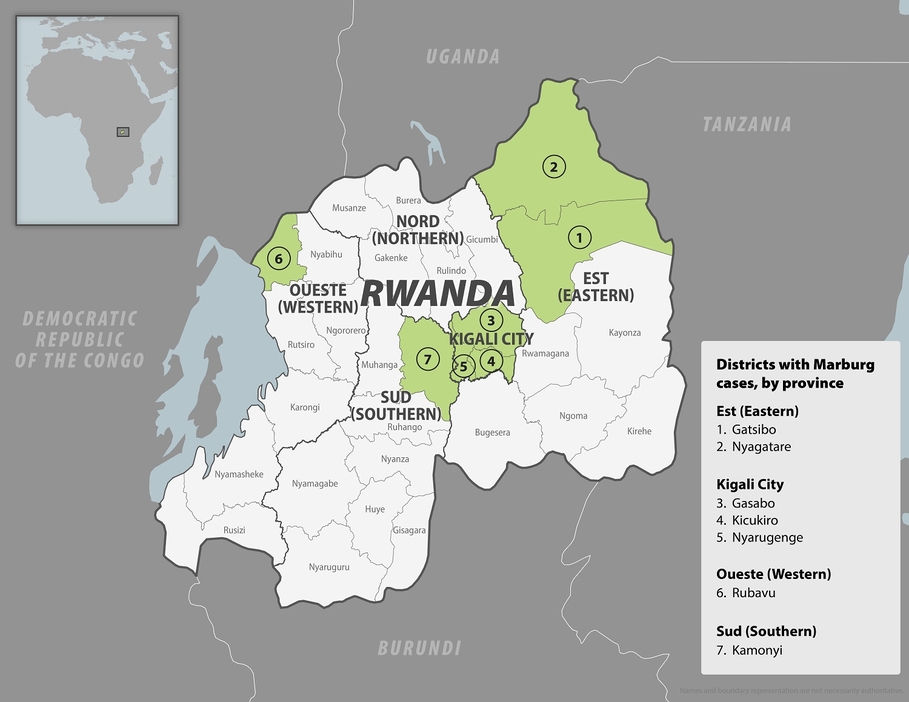 ルワンダでマールブルク熱の感染者が発生した地区（州別）＝米疾病対策センター（CDC）ホームページより