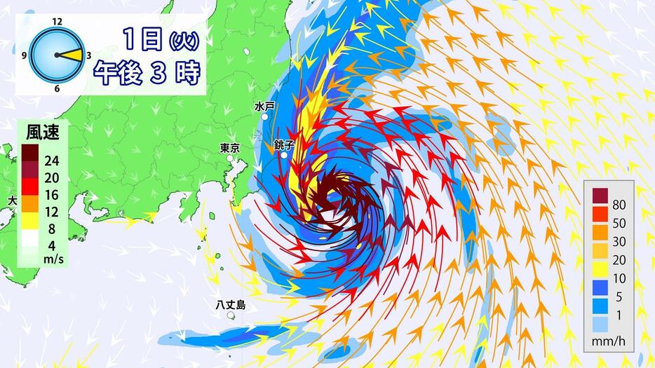 1日（火）午後3時の風と雨の予想