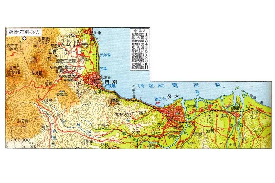 別府大分電鉄が走っていた時期の大分市・別府市の地図。新制最近日本地図、1940年（画像：若杉優貴）