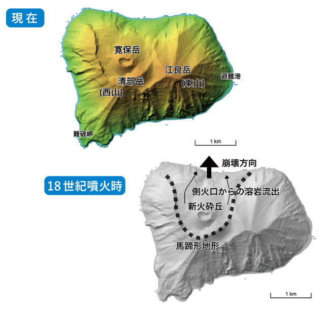 渡島大島の現在の地形(上)と18世紀噴火による地形変化の説明(下)。国土地理院ウェブサイトの地図(電子国土Web)をもとに作成