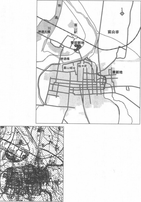 富山の市街地と《桜木町》《愛宕新地》《東新地》(1911年)