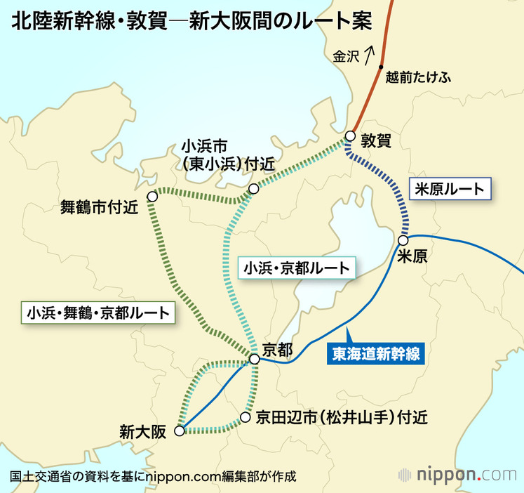 北陸新幹線・敦賀―新大阪間のルート案