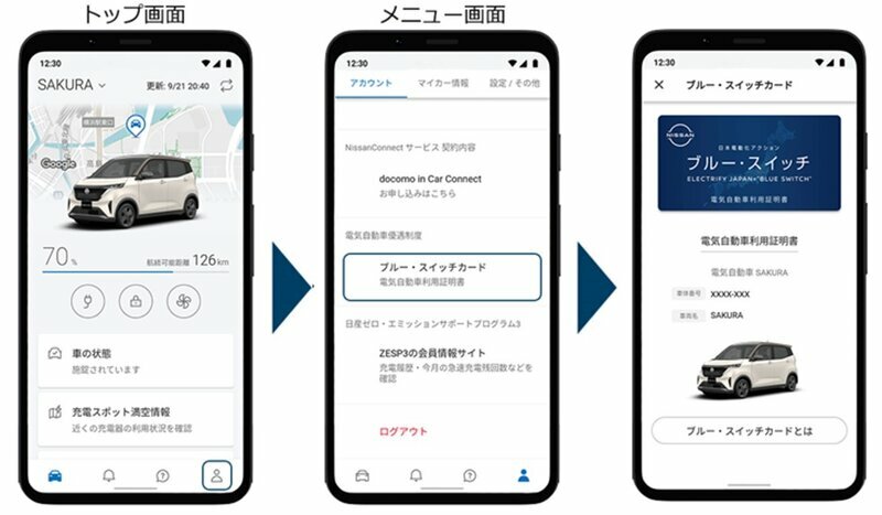 Nissan Connectアプリ上の「ブルー・スイッチカード」